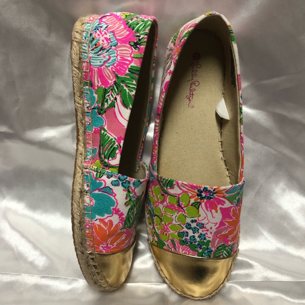 LILLI PULITZER TARGET Floral Espadrille Flats with Gold Toe.Size 8 Slide Slip On